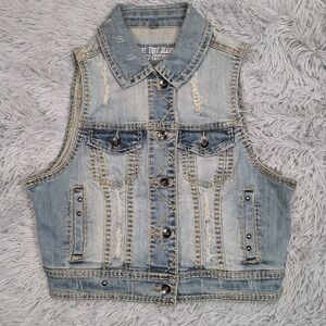 Cowgirl Tuff Vest Womens S Blue Denim Rodeo‎ Pockets Button Up Barn Flag
